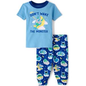 imageThe Childrens Place Baby Boys Snug Fit 100 Cotton Short Sleeve Top and Pants 2 Piece Pajama SetDont Wake the Monster