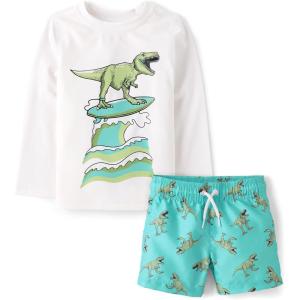imageThe Childrens Place Baby Boys and Toddler Long Sleeve Rashguard and Swim Trunks 2 Piece SetSurfing Dino