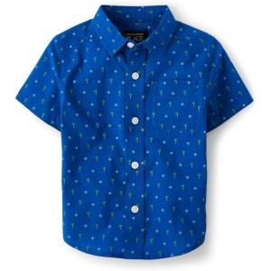 imageThe Childrens Place Baby Boys and Toddler Poplin Short Sleeve Button Down ShirtBlue Palm Geo