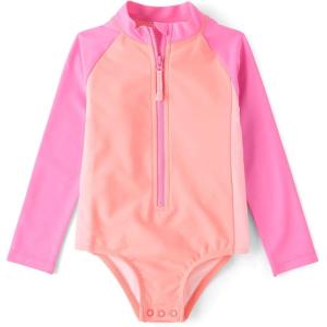 imageThe Childrens Place Baby Girls and Toddler Long Sleeve Half Zip One Piece Rashgaurd SwimsuitHappy Pink