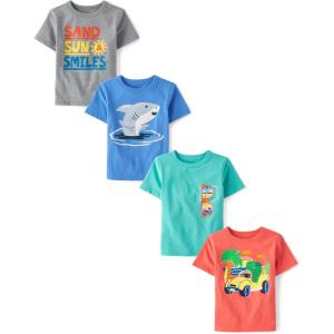 imageThe Childrens Place BabyBoys and Toddler DinosAnimalsCars Short Sleeve Graphic TShirts4 PackMonster TruckSharkSunglassesSand