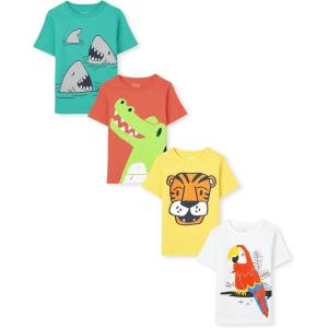 imageThe Childrens Place BabyBoys and Toddler DinosAnimalsCars Short Sleeve Graphic TShirts4 PackSharkParrotAlligatorTiger
