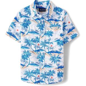 imageThe Childrens Place Boys Short Sleeve Poplin Button Down ShirtWhite Palm Tree Print