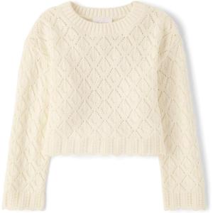 imageThe Childrens Place Girls Long Sleeve Crew Neck Pullover SweaterFair Ivory Crochet