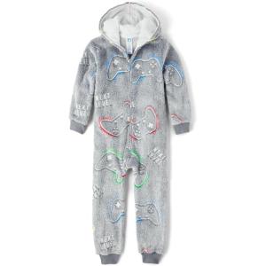 imageThe Childrens Place boys Long Sleeve Fleece Hooded Zip Front One Piece PajamasGamer Controller Sherpa