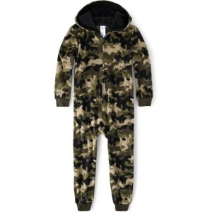 imageThe Childrens Place boys Long Sleeve Fleece Hooded Zip Front One Piece PajamasGreen Camo