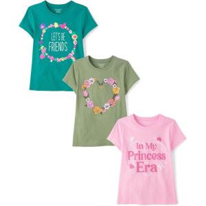 imageThe Childrens Place Girls SportsTrendsIcons Short Sleeve Graphic TShirts3 PackFriendsFloral HeartPrincess Era