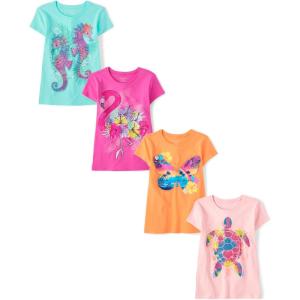 imageThe Childrens Place Girls TrendsIcons Short Sleeve Graphic TShirts4 PackButterflySeahorseFlamingoTurtle