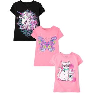 imageThe Childrens Place Girls UnicornsButterfly Short Sleeve Graphic TShirts3 PackCatUnicornButterfly Flowers