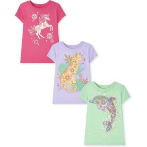 imageThe Childrens Place Girls UnicornsButterfly Short Sleeve Graphic TShirts3 PackCheetahDolphinUnicorn