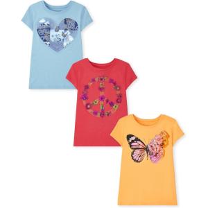imageThe Childrens Place Girls UnicornsButterfly Short Sleeve Graphic TShirts3 PackHeart ButterflyFloralPeace Sign